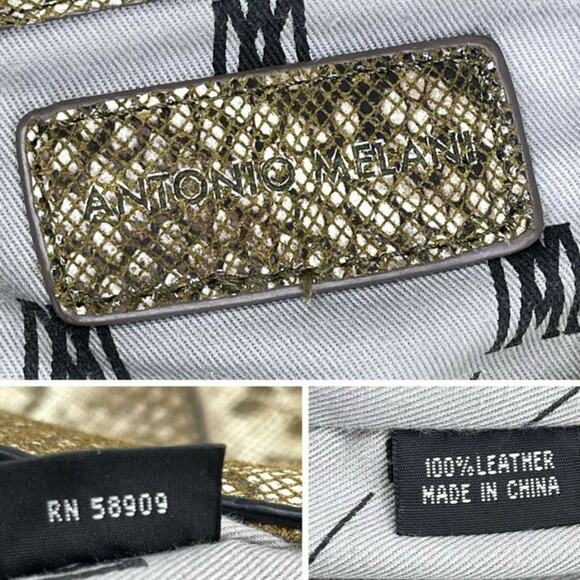 Antonio Melani Brown Tan Leather Snakeskin Studded Chain Handle Hobo Handbag - Picture 6 of 13